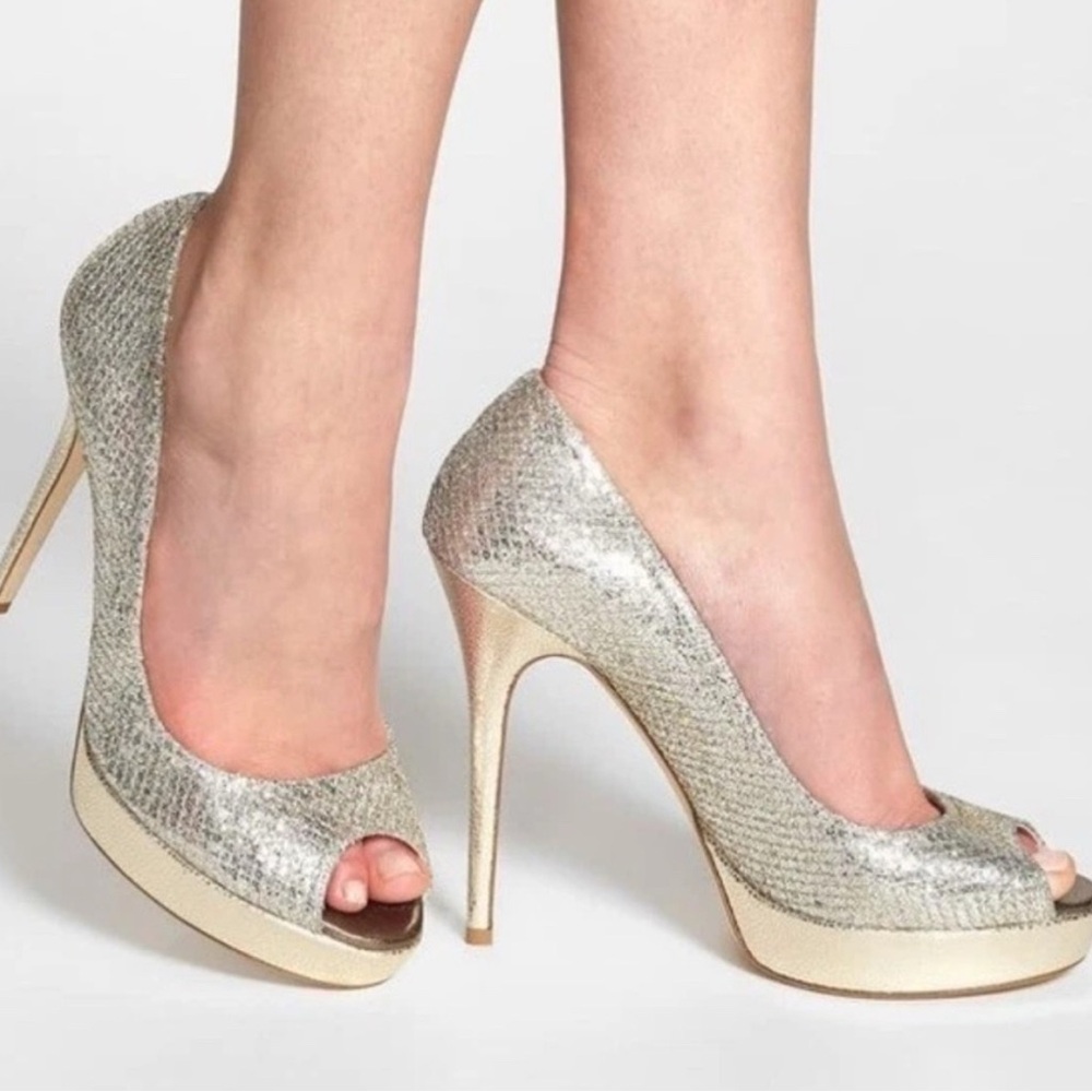 Jimmy Choo | Luna Glitter Champagne Peep Toe Pumps